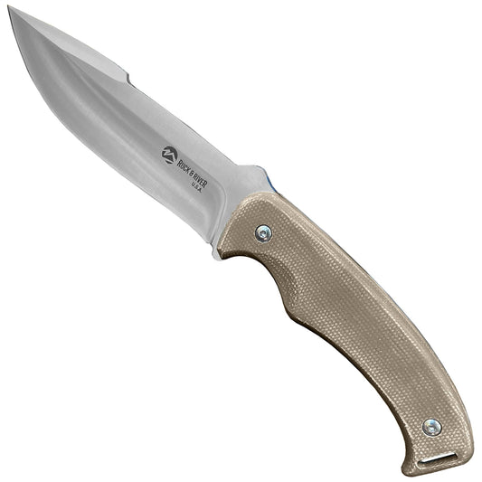 BATTLBOX Ruck & River Ogeechee Full Tang Fixed Blade Survival Knife 5.5in Stainless Steel Blade - Injection Molded Sheath - Coyote Tan Canvas Micarta Scales Handle - Bushcraft Hunting Camping Hiking