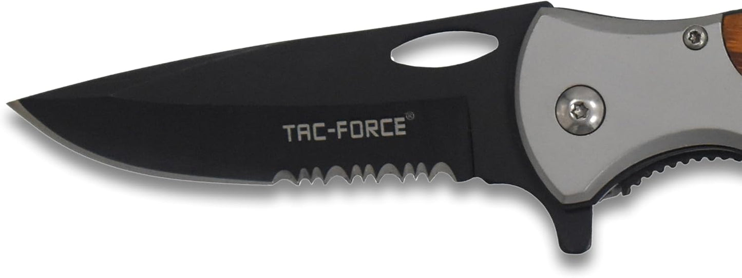 Tac-Force- Folding Pocket Knife –Partially Serrated, Black Stainless Steel Blade, Wood Handle w/Stainless Steel Bolster and Pocket Clip, Tactical, EDC, Rescue - TF-876