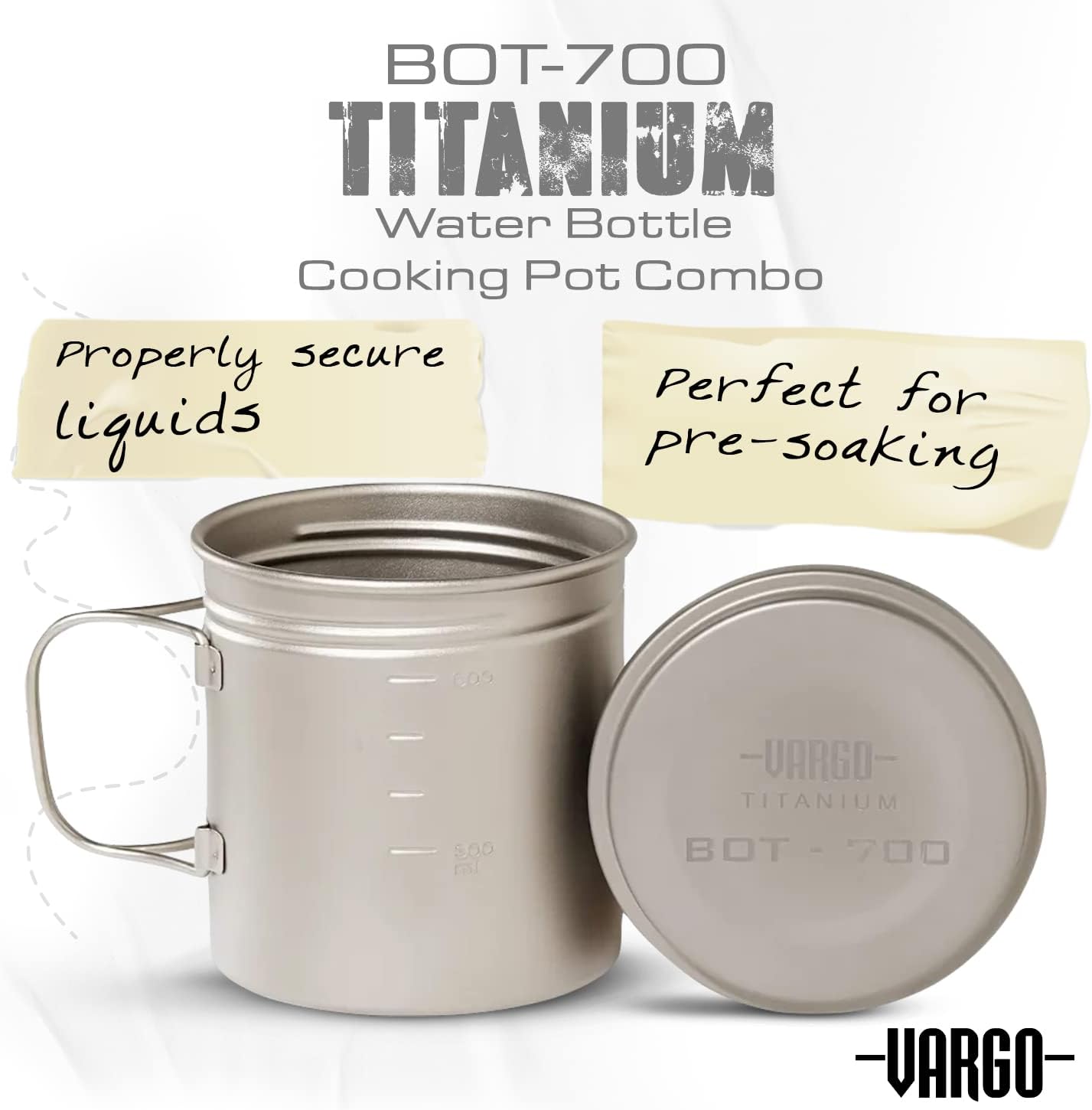 Vargo Titanium BOT Series | Vargo BOT - 700 | Titanium Cooking Pot and Water Bottle with Foldable Handles and Watertight Lid | 700ml (23 oz.)