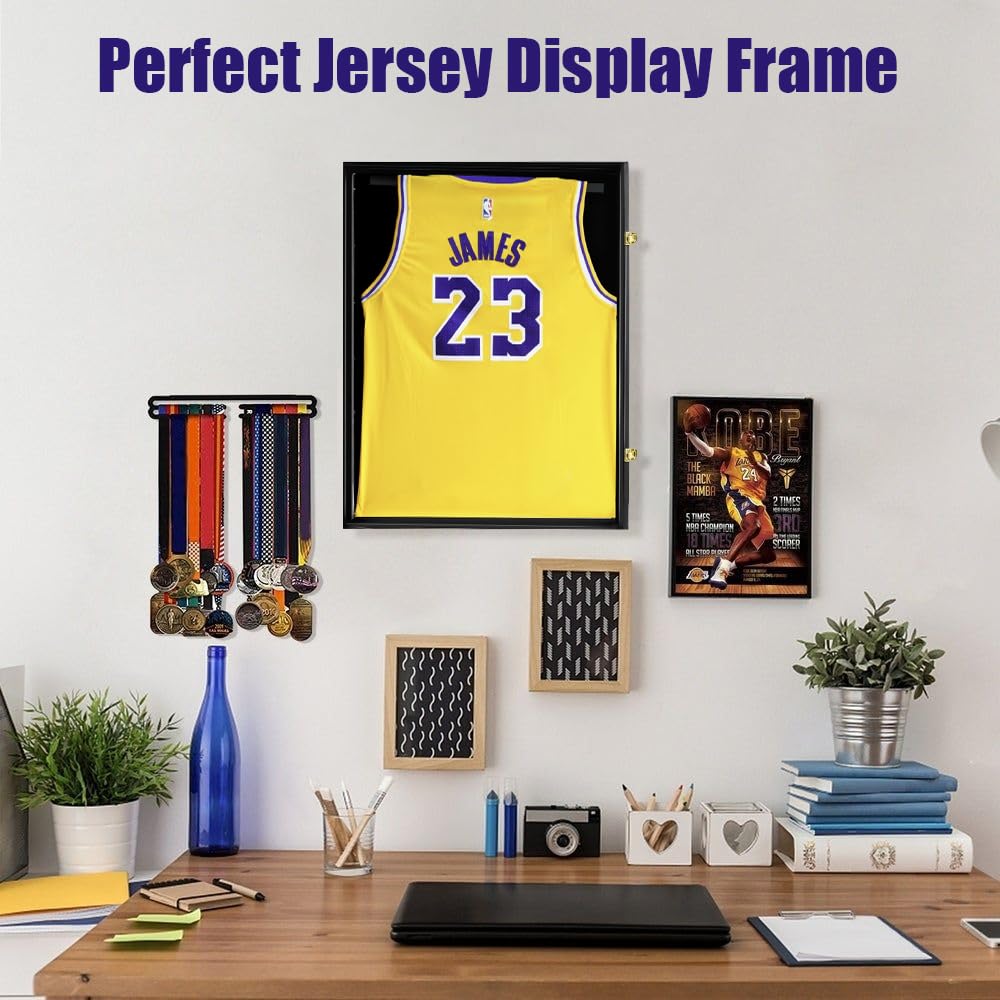 Jersey Frame Display Case, NETGOG 23.6x31.5-in Large Jersey Frame Shadow Box Lockable with UV Protection Acrylic and Hanger for Collection Baseball Basketball Football Hockey Sport Shirt Black