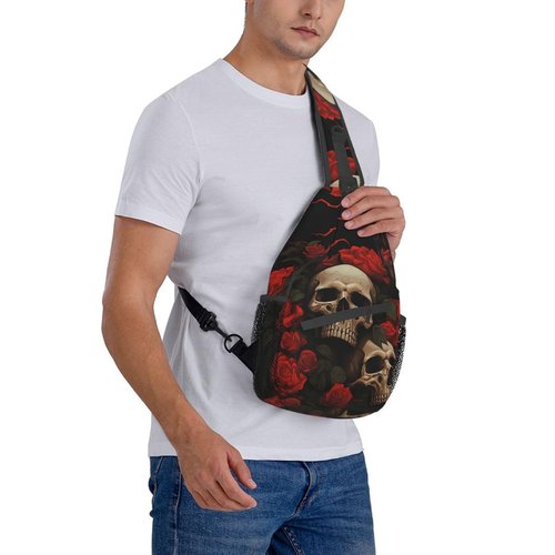 Mqtzyiwx Gothic Rose Blood Skull Sling Backpack Hiking Backpack Crossbody Bag Sports Lightweight And waterproof Chest Bag Shoulder Bag For Women Men