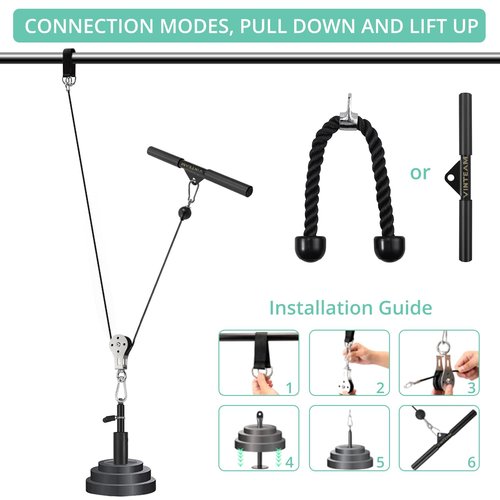 VINTEAM Pulley System, Pulley Cable Machine DIY Workout Accessories with Tricep Rope, LAT Pull Down Bar, Gym Cable for Triceps Extensions, Biceps Curl, Forearm (Tricep Rope +Straight Bar)