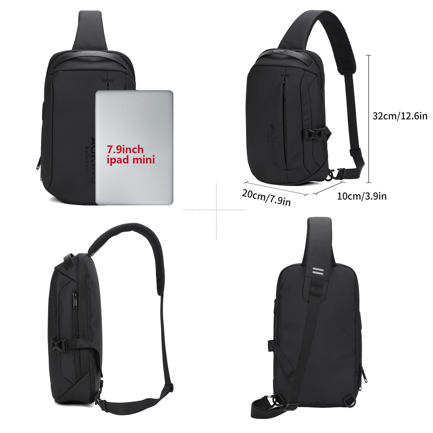 AOKING Lightweight Sling Bag for Men,Waterproof Crossbody Shoulder Backpack with USB Charging Port,Casual Cross Body Bag (Black 1)