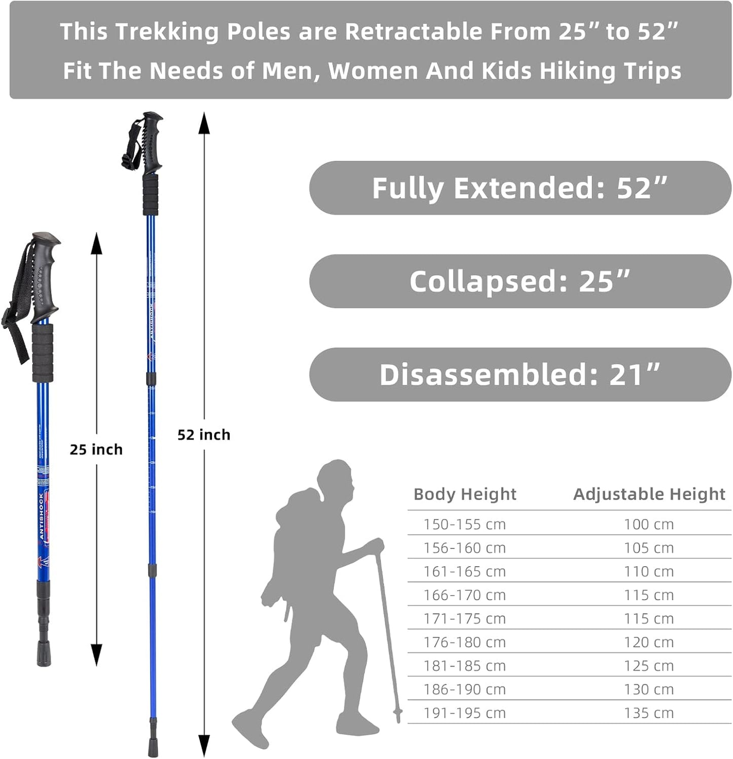 Aihoye Hiking Trekking Poles, 2 Pack Collapsible, Lightweight, Anti Shock, Walking Sticks, Adjustable Hiking Pole for Men and Women