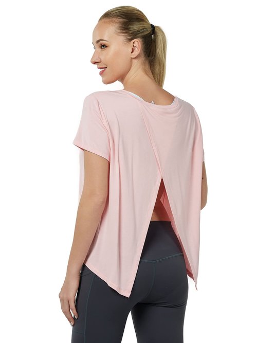 GRAMVAL Tie Back Womens T Shirts, Short Sleeves V Neck Open Back Tee Tops Athletic Workout Gym Yoga Sweatshirts Pink S