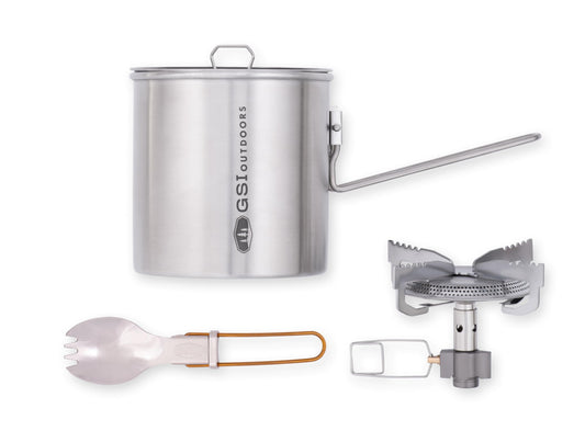 GSI Outdoors Glacier Stainless Explorer Set, Compact Stainless Steel Cookset with Pot, Frypan, Cup, and Bowl, Nesting Camping Cookware for Backpacking, Hiking & Outdoor Cooking