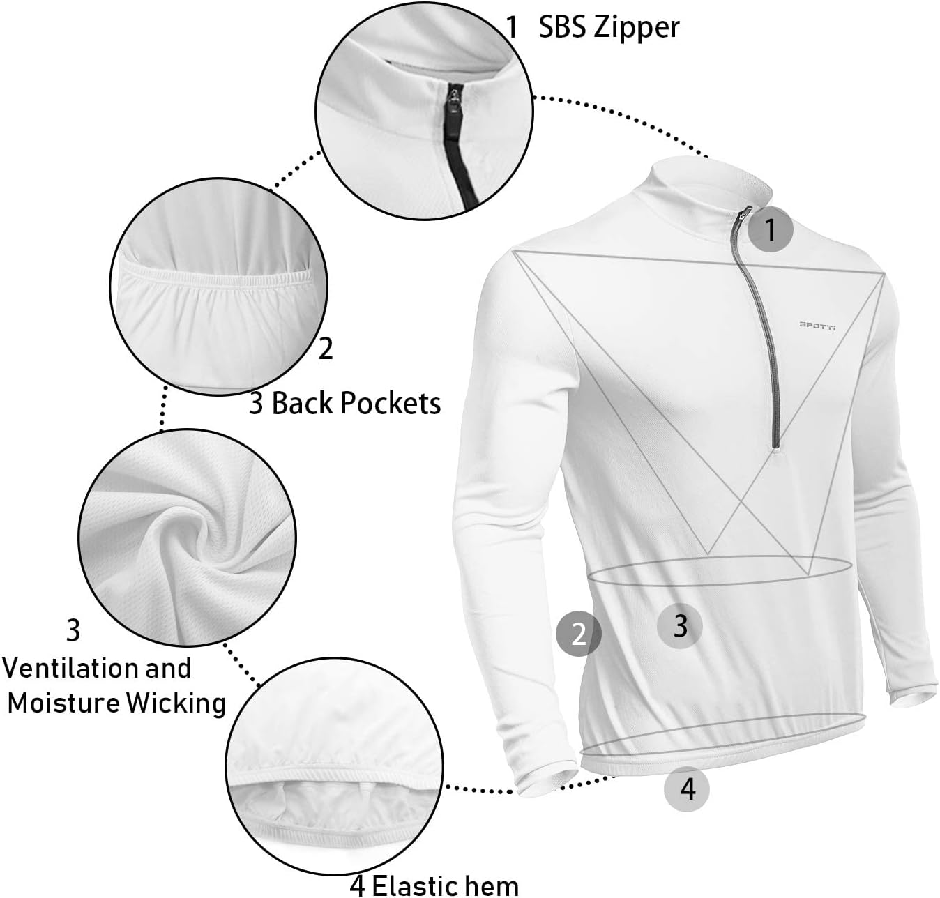 Spotti Men's Cycling Bike Jersey Long Sleeve with 3 Rear Pockets - Moisture Wicking, Breathable, Quick Dry Biking Shirt