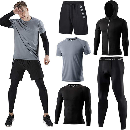 Holure Men's Sports Running Set (Pack of 5) Athletic Shirt+Short/Compression Shirt+Pants with Coat Tracksuit Gym Suits Grey 04 L