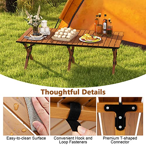 COSTWAY Folding Picnic Table, Roll-Up Aluminum Camping Table with Wood Grain, Portable Low Height Beach Table with Carry Bag for Camping, Picnic, BBQ & Hiking, Easy Assembly, Natural (47¡± x 23¡± x 18¡±)