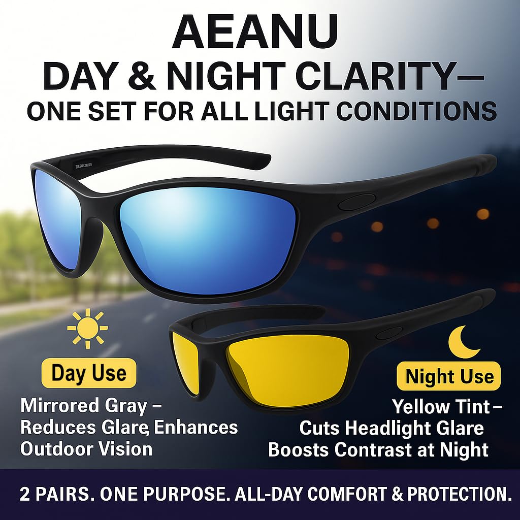 AEANU Day & Night Sunglasses 2-Pack for Women & Teens – Lightweight UV400 Mirrored and Yellow Lens Glasses for Outdoor, Driving, and Everyday Use