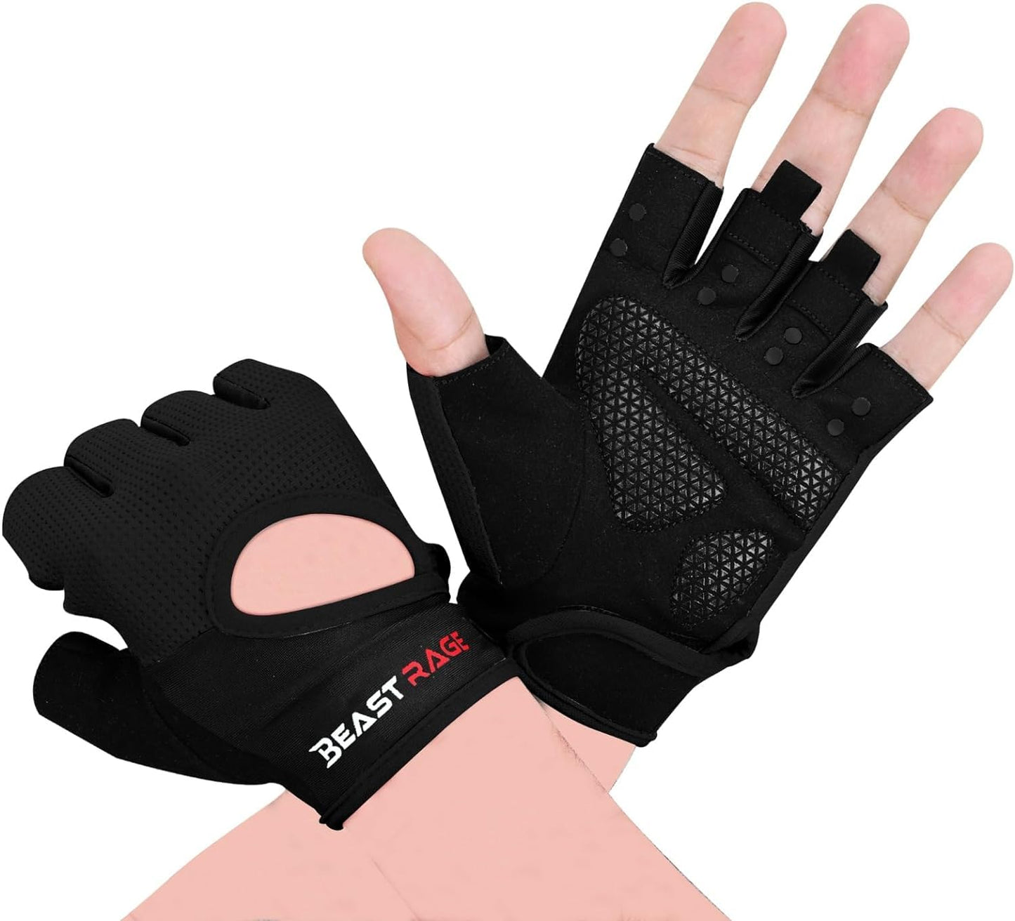 BEAST RAGE Workout Gloves for Men Gym Gloves for Weightlifting Women Fingerless with Palm Protection Padding, Breathable and Lightweight Weight Lifting Glove Cycling Pull Up (Black, M)