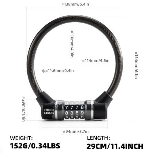 ROCKBROS Cable Lock Combination Bike Lock 4 Digit Mini Lock 11.4” Long Resettable Cable Lock Anti-Theft Accessories Black