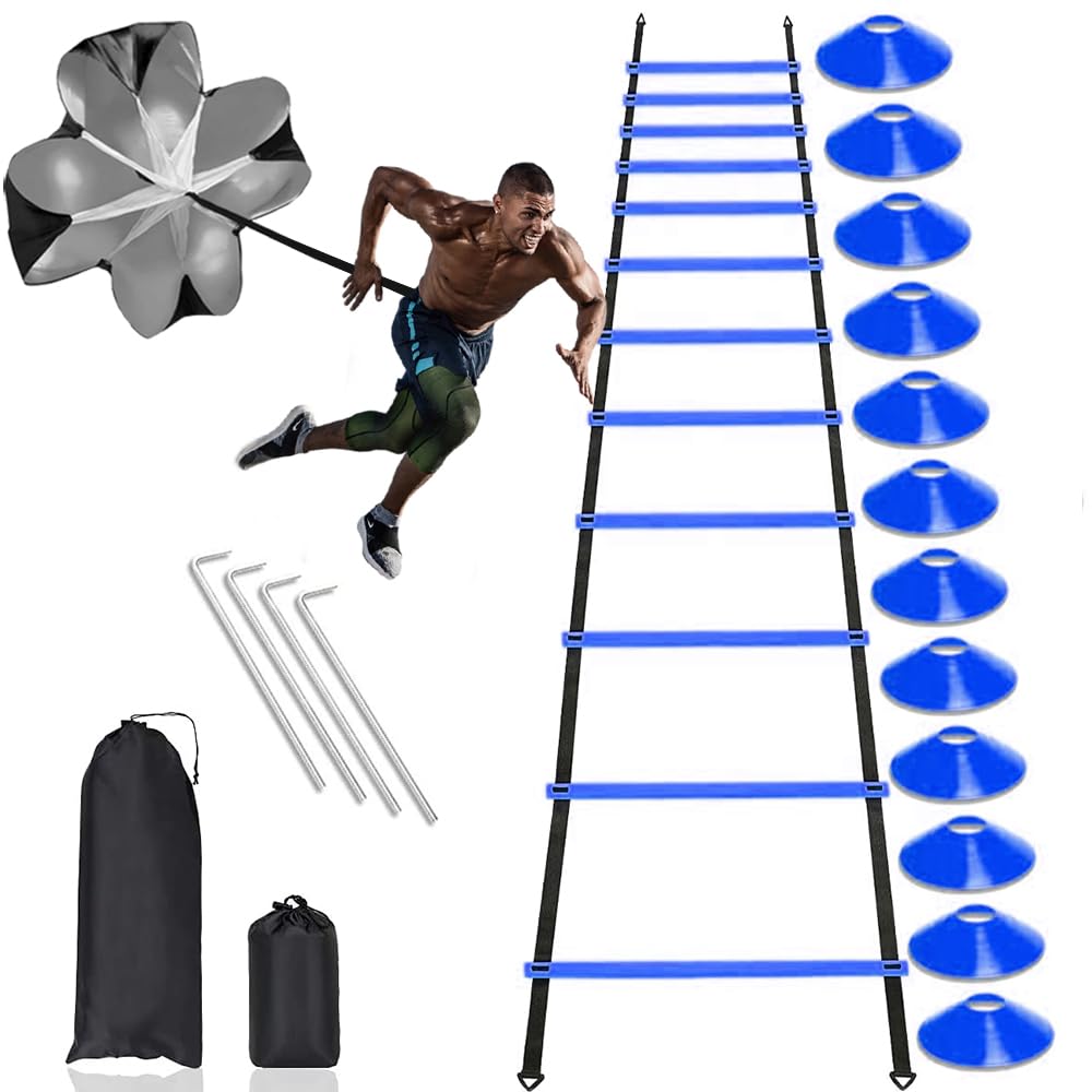Football Training Equipment | Speed Agility Training Set, Including 1 Agility Ladder, 4 Steel Piles,12 Disc Cones ,1 Resistance Umbrella .| for Athletes/Sports Including Football & Basketball(Blue)