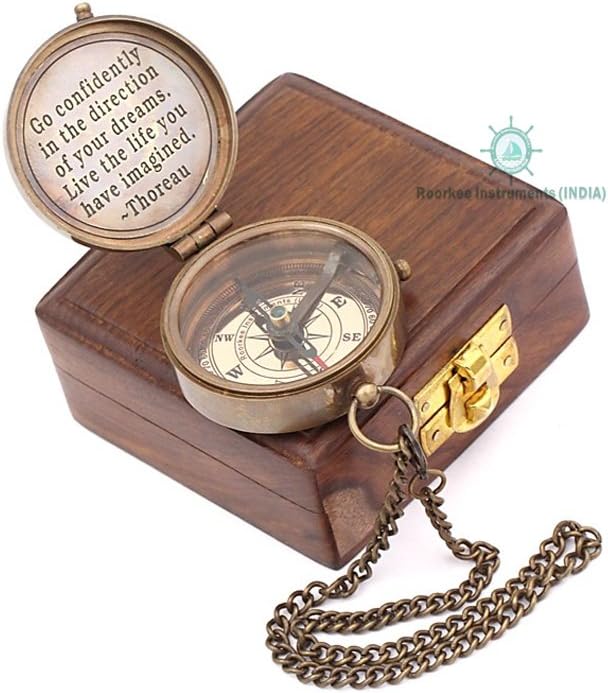 RII Solid Brass Compass | Antique Nautical Design with Thoreau Quote | Directional Magnetic Compass in Rosewood Case | Portable Pocket Size for Outdoor Adventures | Inspirational Gift for Collectors