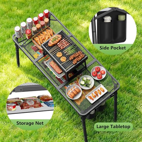 Portable Folding Camping Grill Table - 35x16 Inch, Adjustable Height, Lightweight, Rust-Resistant Outdoor Table, Black