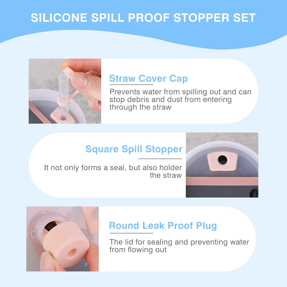 BGAANM Silicone Spill Proof Stopper Set Compatible with Stanley Quencher H2.0 FlowState Tumbler 40oz/ 30oz, Accessories Include 2 Straw Cover Cap, 2 Square Spill Stopper, 2 Round Leak Stopper (Pink)