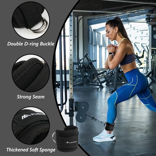 flintronic Ankle Straps for Cable Machine, Gym Cuffs with Double Stainless Steel D-Ring, Gym Ankle Cuff with Adjustable Neoprene Ve-lcro, Muscle Shaping for Men and Women - Black