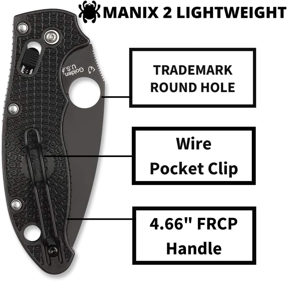 Spyderco Manix 2 Lightweight Signature Knife with 3.37" CTS BD1 Black Steel Blade and Black FRCP Handle - PlainEdge - C101PBBK2