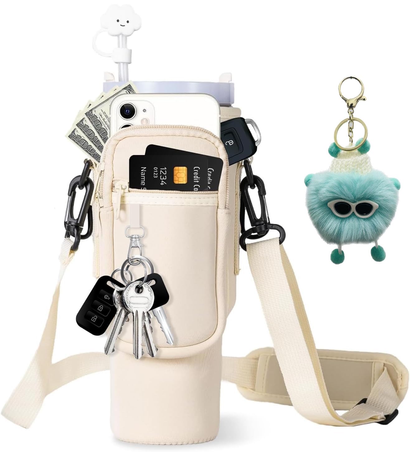 AFIAFTY Water Bottle Holder with Strap, Stanley Bag/Stanley Cup Holder with Strap for Stanley Quencher H2.0 40 oz, Tumbler Accessories with Coal Ball Pendant & Carabiner, Stanley Cup Accessories