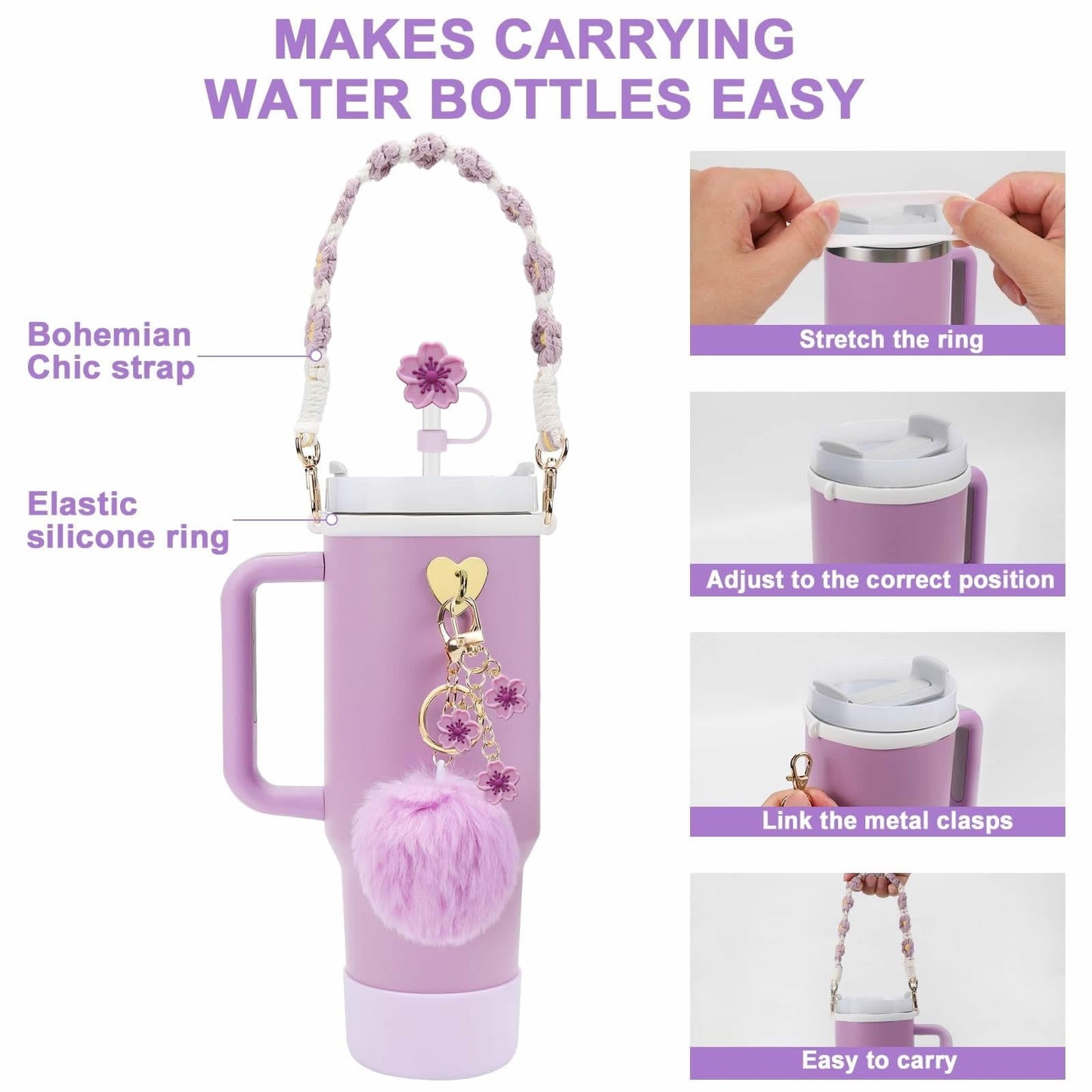 7pcs Cup Charms for Stanley Cup Accessories, Straw Cover Cap & Water Bottle Silicone Boot for Stanley Cup 30oz or 40oz Tumbler Cup Accessories, Handle Strap with Flower Charms for Stanley Cup(Purple)
