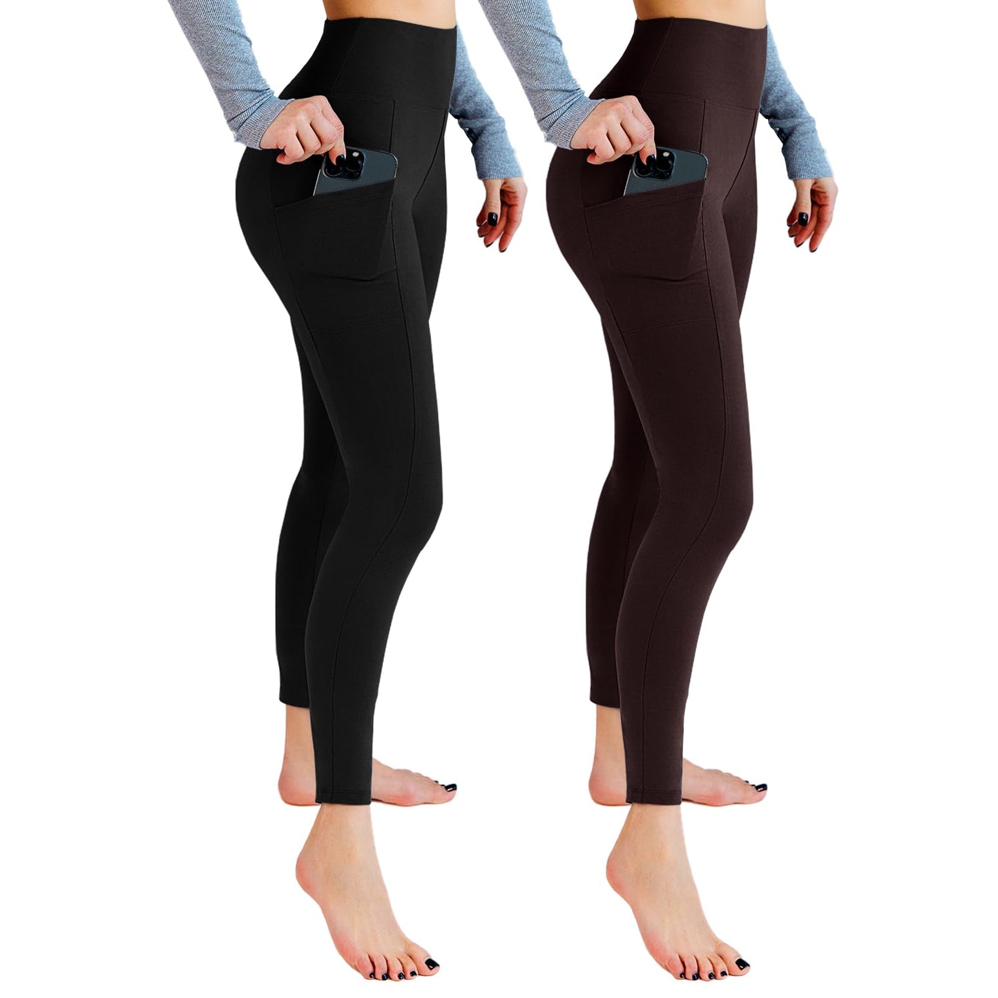 Leafigure 2 Pack Leggings with Pockets for Women, High Waisted Soft Leggings for Yoga Gym Black/Brown XXL