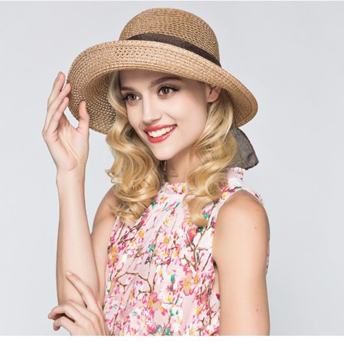 Straw Sun Hats for Women Wide Brim Bow Ribbons Roll Up Bucket UPF 50+ Foldable Sun Hat with Strap UV Protection Summer Travel Beach Khaki