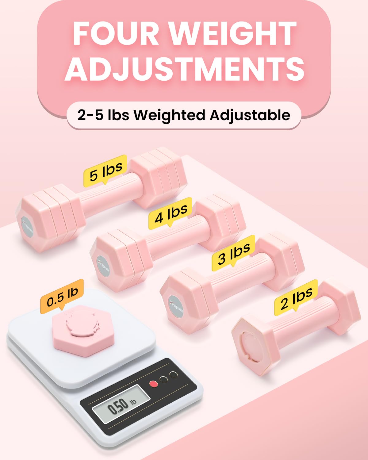 Adjustable Dumbbells Set, 4 in 1 Hand Weights Set for Women Men 10 LB Dumbbell Pair Each 2lbs 3lbs 4lbs 5lbs Weights Dumbbells Set with TPU Soft Rubber Handle for Home Gym Exercise Fitness - Pink