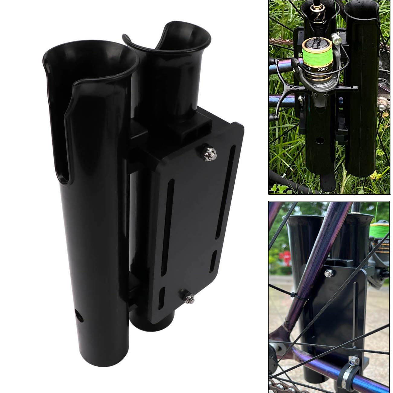 Fishing Rod Holder, Secures Fishing Pole to Bicycle,2 Tubes Rod Holder, Holds 2 Rods, Easy to Mount, Rod Rack for Bicycle Fishing