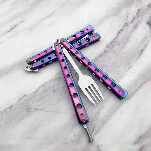 Butterfly Fork and Spoon Set 2 Pcs, Tactical Stainless Steel Folding Butterfly-Open Style, Camping Hiking Kitchen BBQ Grill Picnic Flatware Utensil (Colorful)