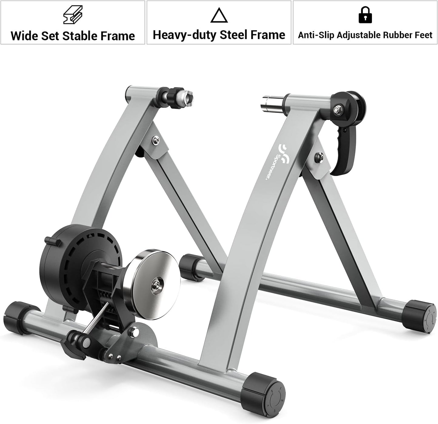 Sportneer Bike Trainer - Magnetic Stationary Bike Stand for 26-28" & 700C Wheels - Adjustable 6 Level Resistance Bike Trainer Stand for Indoor Riding with Quick Release Lever & Front Wheel Riser Block