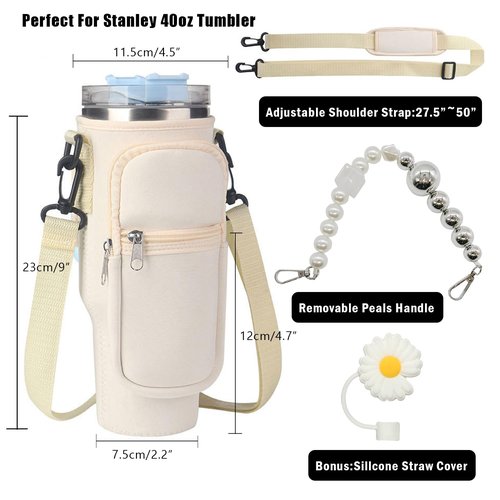 Water Bottle Carrier Bag with 2 Cup Sling 1 Straw Cover for 40oz Stanley Crossbody holder, Water Bottle Holder Pocket tumbler carrier with strap for Stanley Cup Accessories (White)