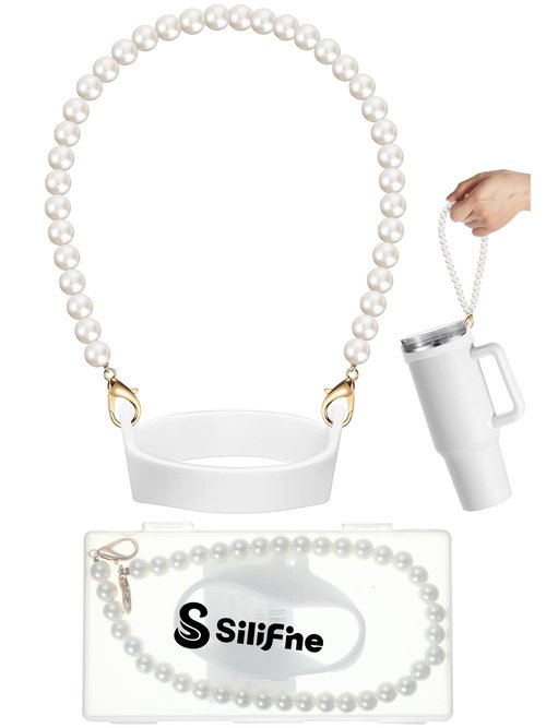 SiliFine Silicone Water Bottle Handle Holder with Pearl Strap Compatible with Stanley Cup Accessories Charms Sling Water Bottle Carrier Holde Fits Most 8-40 oz Tumbler Gift for Woman(White)
