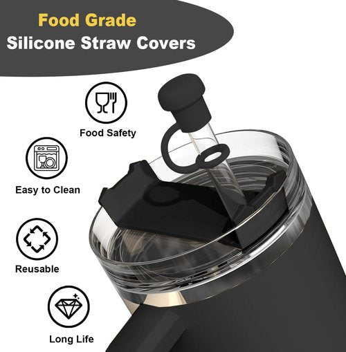 Straw Cover Cap for Stanley Cup, Straw Topper for Stanley 40oz, 30oz, 20oz, Stanley Cup Accessories Silicone Straw Cap Dust-Proof Protector Straw Lid for 0.4in/10mm Straws (Black)
