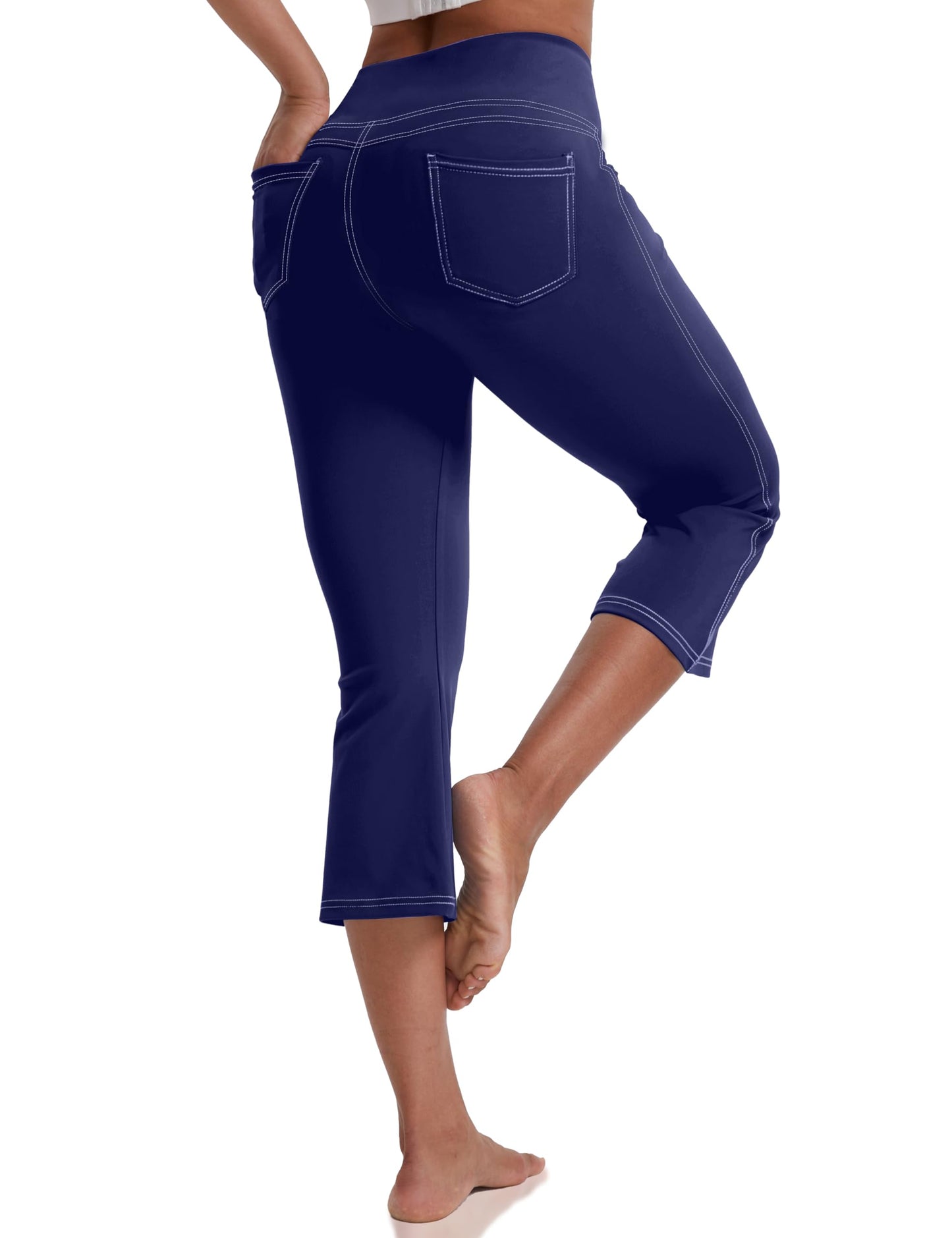 VOOVEEYA Women's Capri Leggings, Yoga Capris Pants with Pockets Stretchy Crop Pants High Waisted Straight Leg 21"（Navy Blue L）