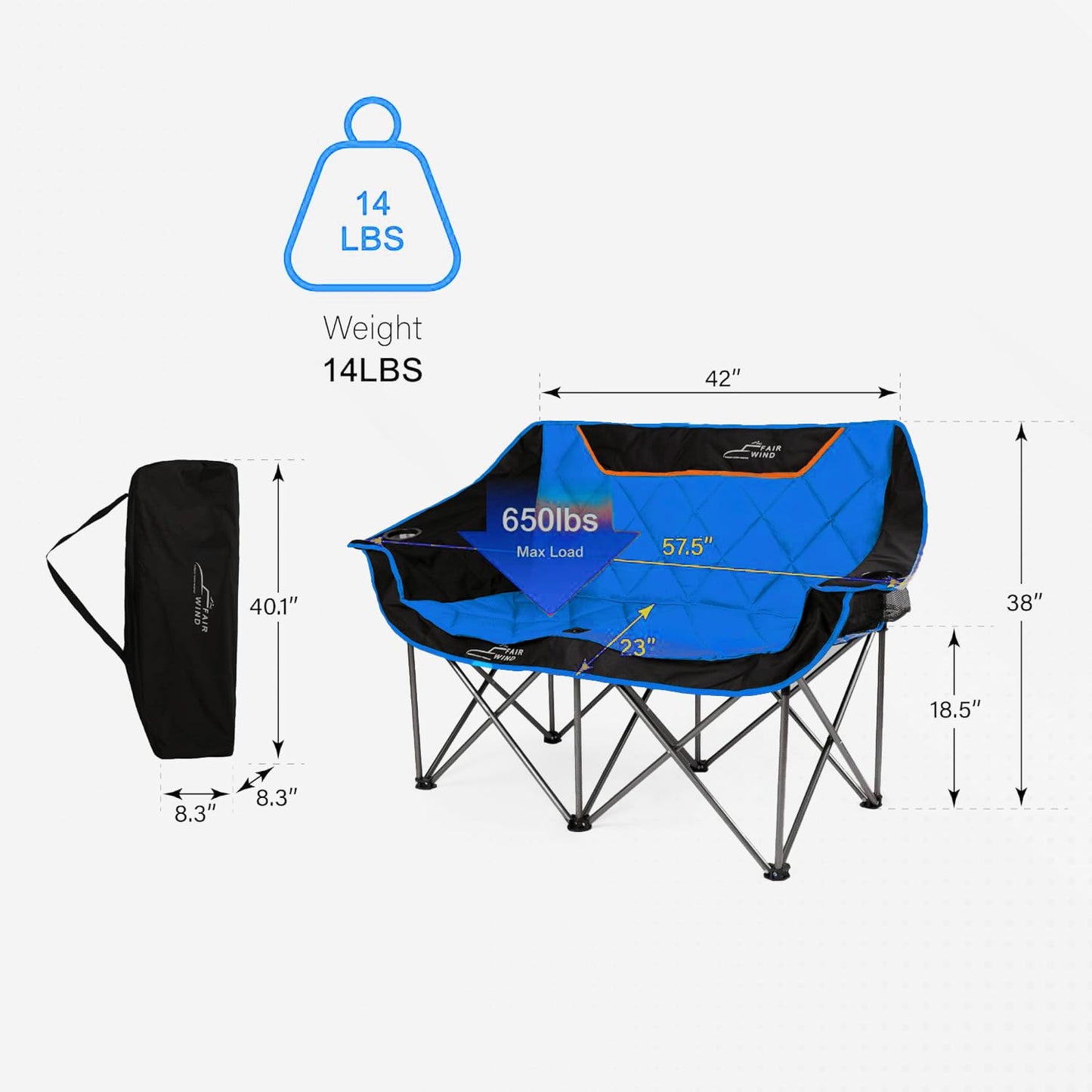 FAIR WIND Oversized Fully Padded Camping Chair Folding Loveseat Camping Couch Double Duo Chair Heavy Duty Quad Fold Arm Chair with Cup Hold - Supports 650 LBS Blue