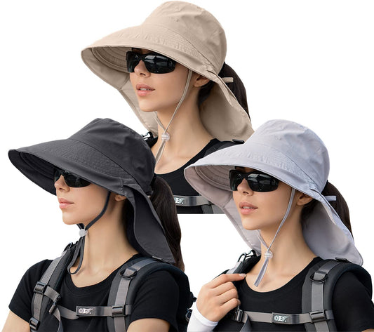 3 Pack Womens Ponytail Sun Hat with Neck Flap Wide Brim UV Protection Bucket Hat Summer Beach Fishing Hiking Garden UPF 50+ (3 Pack-Dark Grey＆Light Grey＆Beige)