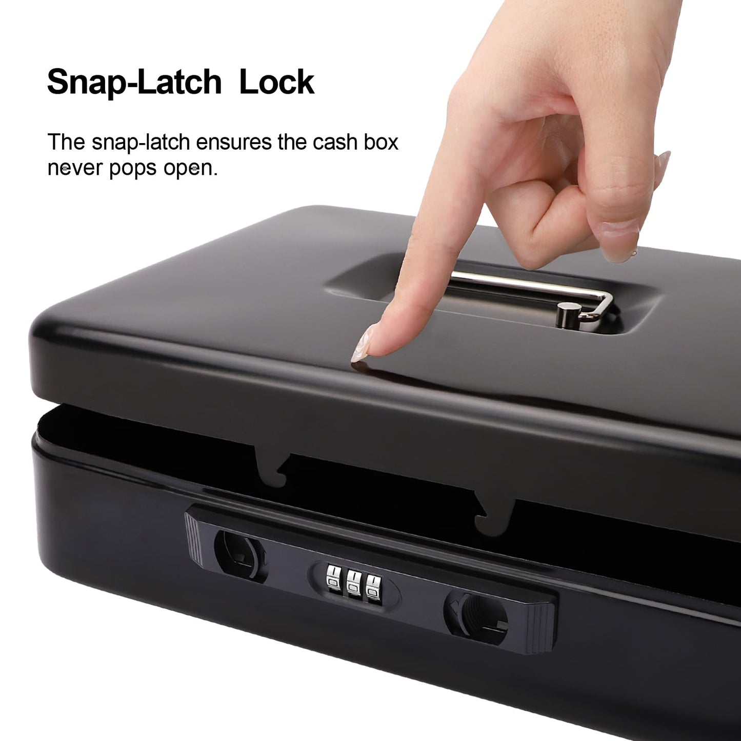 Jssmst Cash Box with Sliding Coin Lid and Snap Latch Combination Lock - Portable Cash Box with Money Tray and Lock, Secure Locking Money Box for Cash Organizer, 11.8L x 9.5W x 3.5H Inches, Black