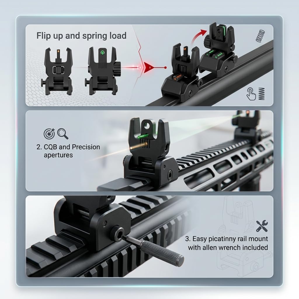 GOTICAL Fiber Optic Sights Flip Up Front and Rear Strong Polymer Folding Sights with Red and Green Fiber Optics Dots Tool-Free Adjustable Backup Sight Set for Picatinny Rails