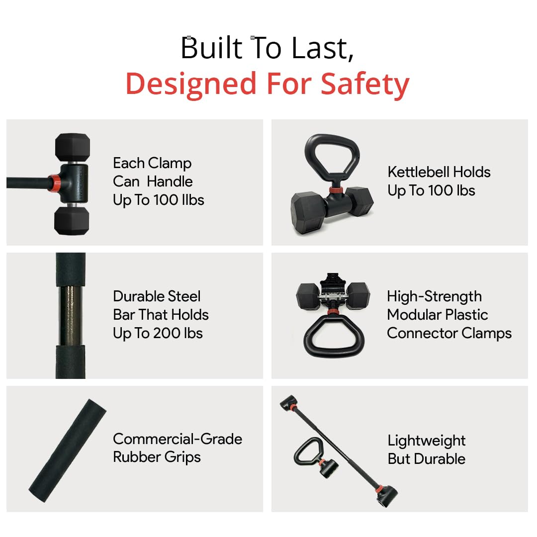 Jayflex Hyperbell Dumbbell Converter - Convert Dumbbells to Barbell Set and Kettlebell for Home Fitness - Adjustable & Up to 200 lb Capacity Weight Barbell for Weight Lifting