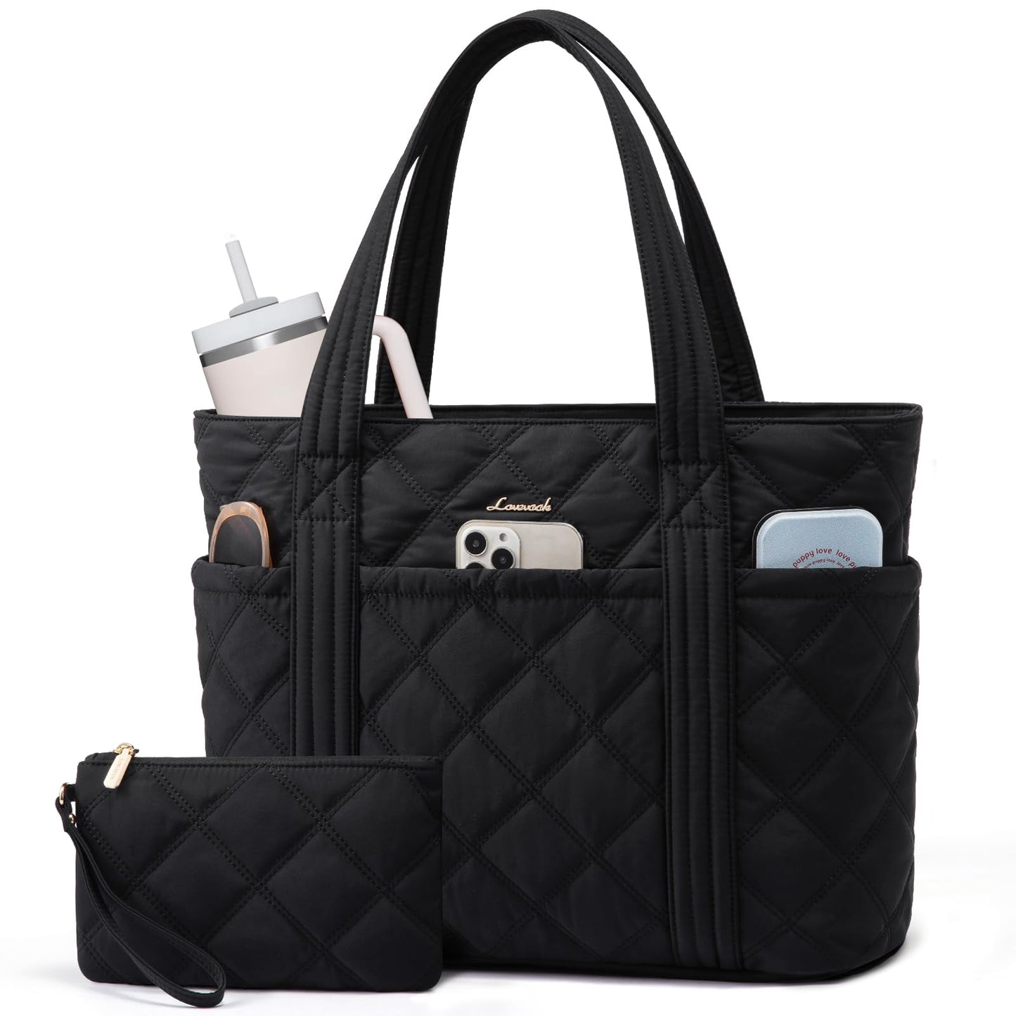 LOVEVOOK Puffer Tote Bag for Women, Quilted 17" Work Tote with Zipper, Large Travel Essentials Handbag with Cup Holder, Puffy Purse for Teacher, Nurse, Gym, Hospital, Overnight, Carry On Shoulder Bag