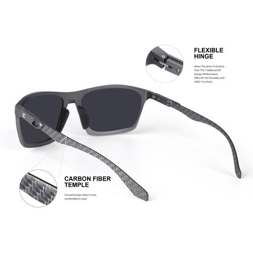 BIRCEN Men Sunglasses Polarized UV-Protection: Carbon Fiber Wrap Around Black Sport Shades for Mens Driving Fishing Golf, Large, B-grey/Black