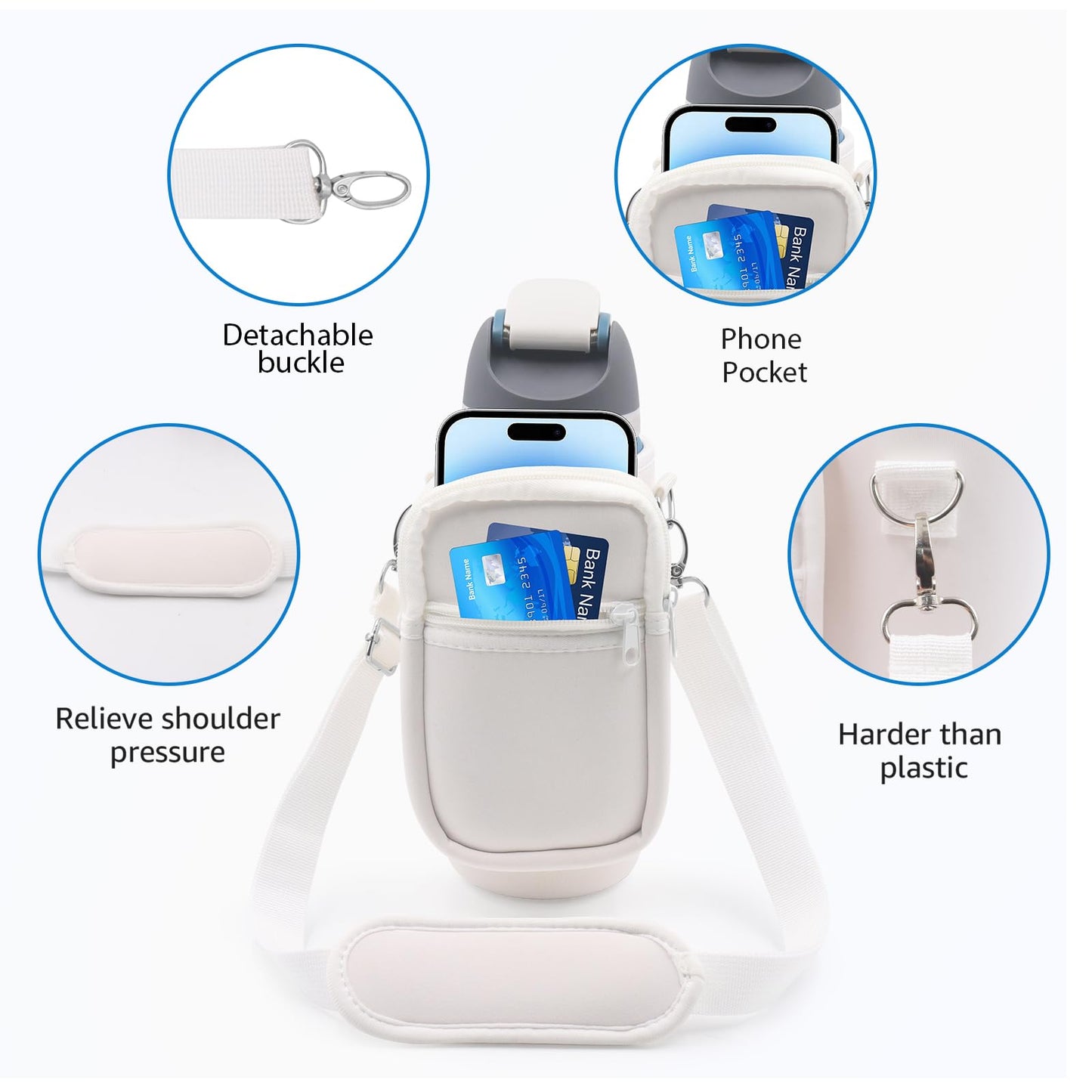 for Owala FreeSip Insulated Stainless Steel Water Bottle Cup Holder Cover Carrier Sling Bag with Strap, Pouch Pocket for Phone/Accessories, add Handle for Owala 24oz (White-24oz)