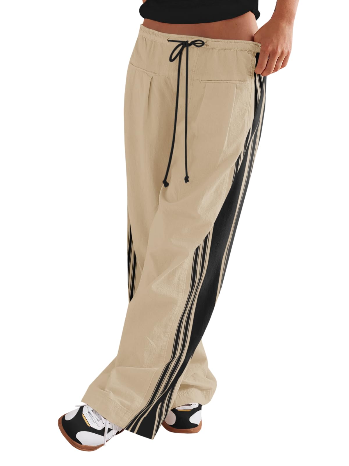Fisoew Womens Wide Leg Pants Drawstring High Waisted Striped Baggy Palazzo Track Pants with Pockets Light Khaki