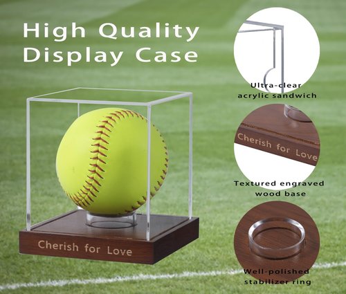 Softball Display Case Clear Acrylic Display Cube for Softball Baseball Tennis Ball Sports Ball Storage with Wooden Base - Display Memorabilia and Souvenirs