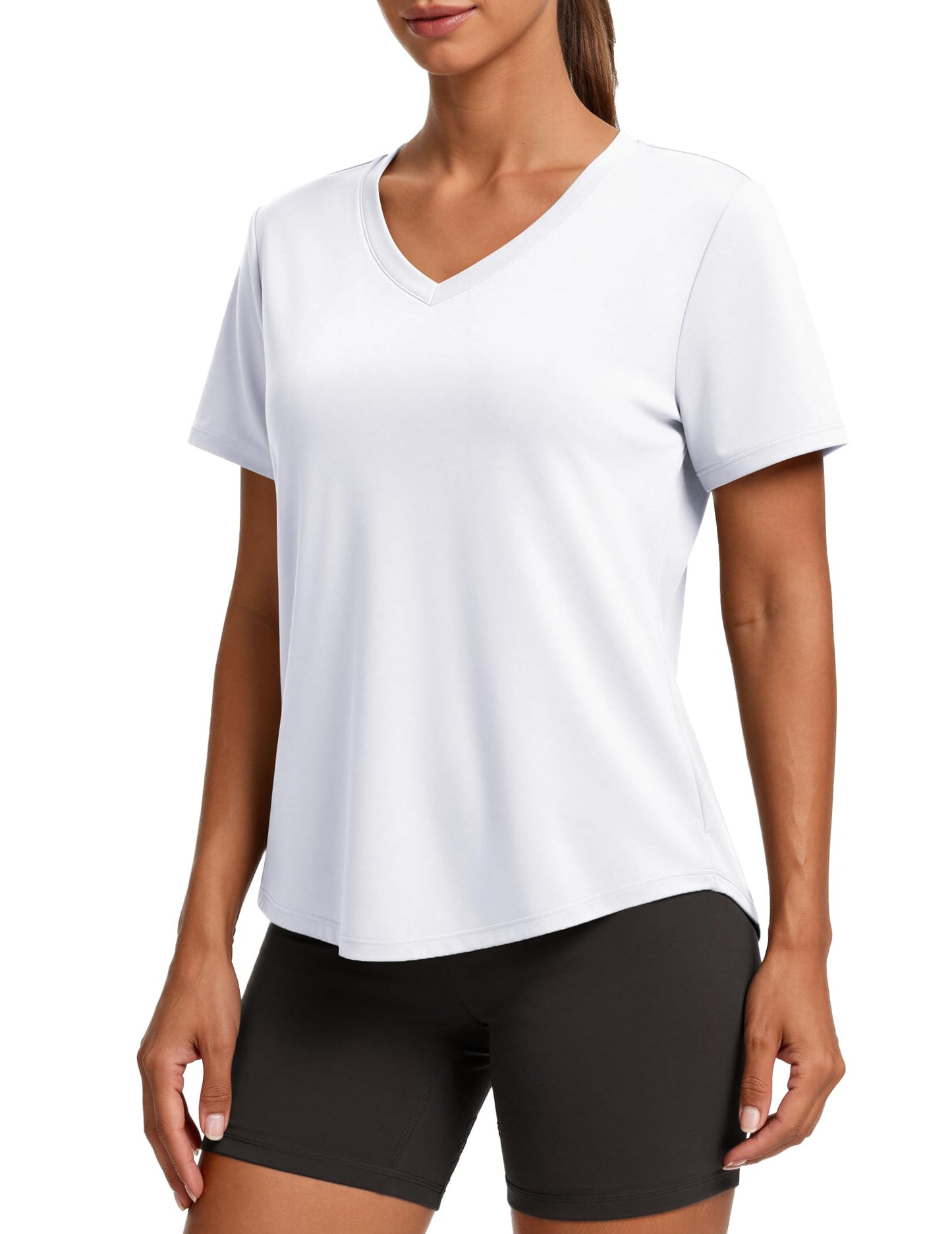 PINSPARK Womens Workout Tops V Neck Short Sleeve Gym Shirts Moisture Wicking Quick Dry Breathable Soft Athletic Running Tees,White X-Large