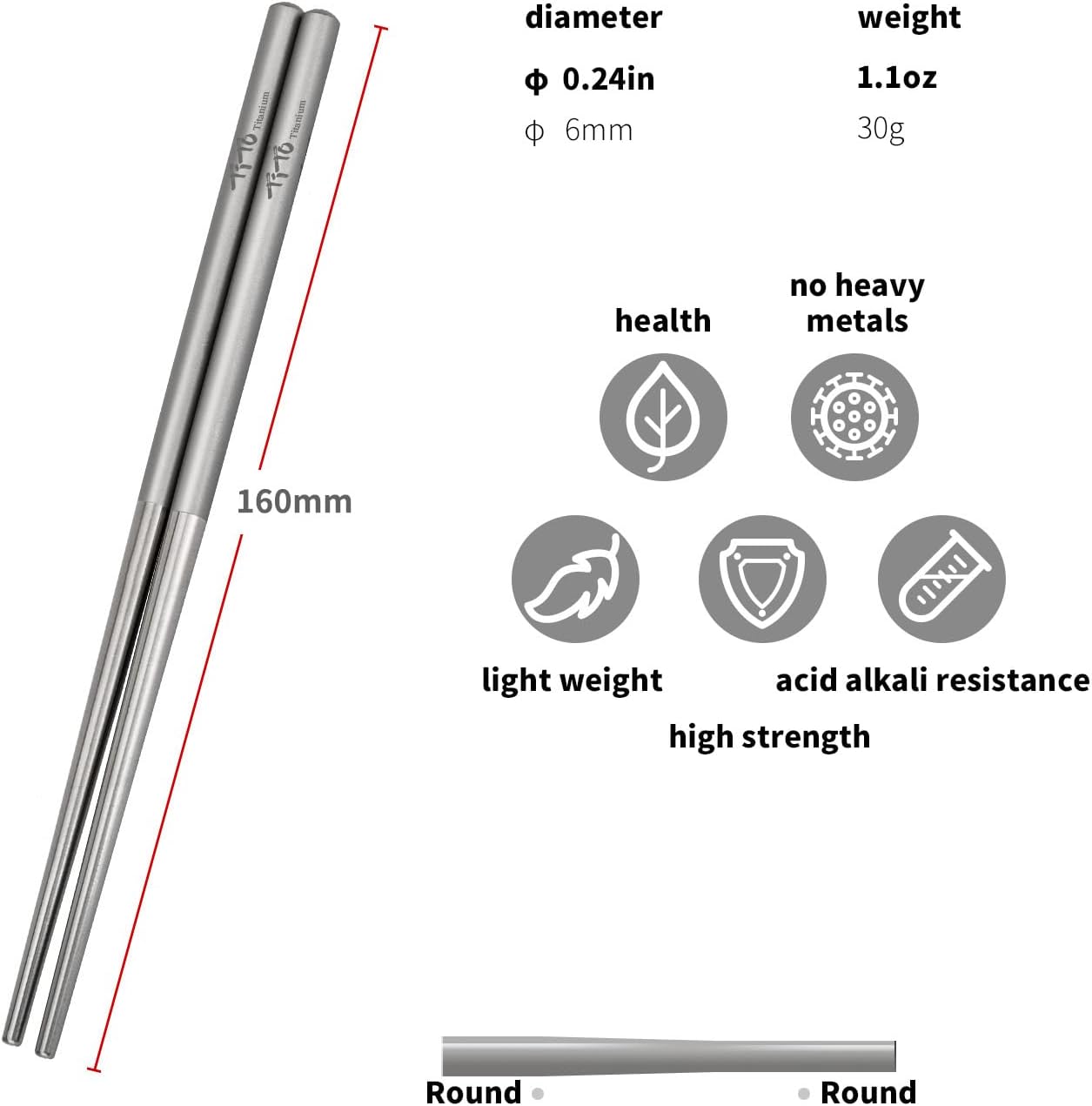 TiTo Solid Titanium Chopsticks for Camping Picnic and Hiking Reusable Lightweight Outdoor Tableware 1 Pairs (6x160mm)