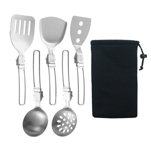 Esquirla 6Pcs Camp Cooking Utensil Set,Outdoor Kitchen Gear, Foldable Cooking Organizer Metal Camping Kitchen Utensil Set, Cookware Kit for Camp RV, BBQ