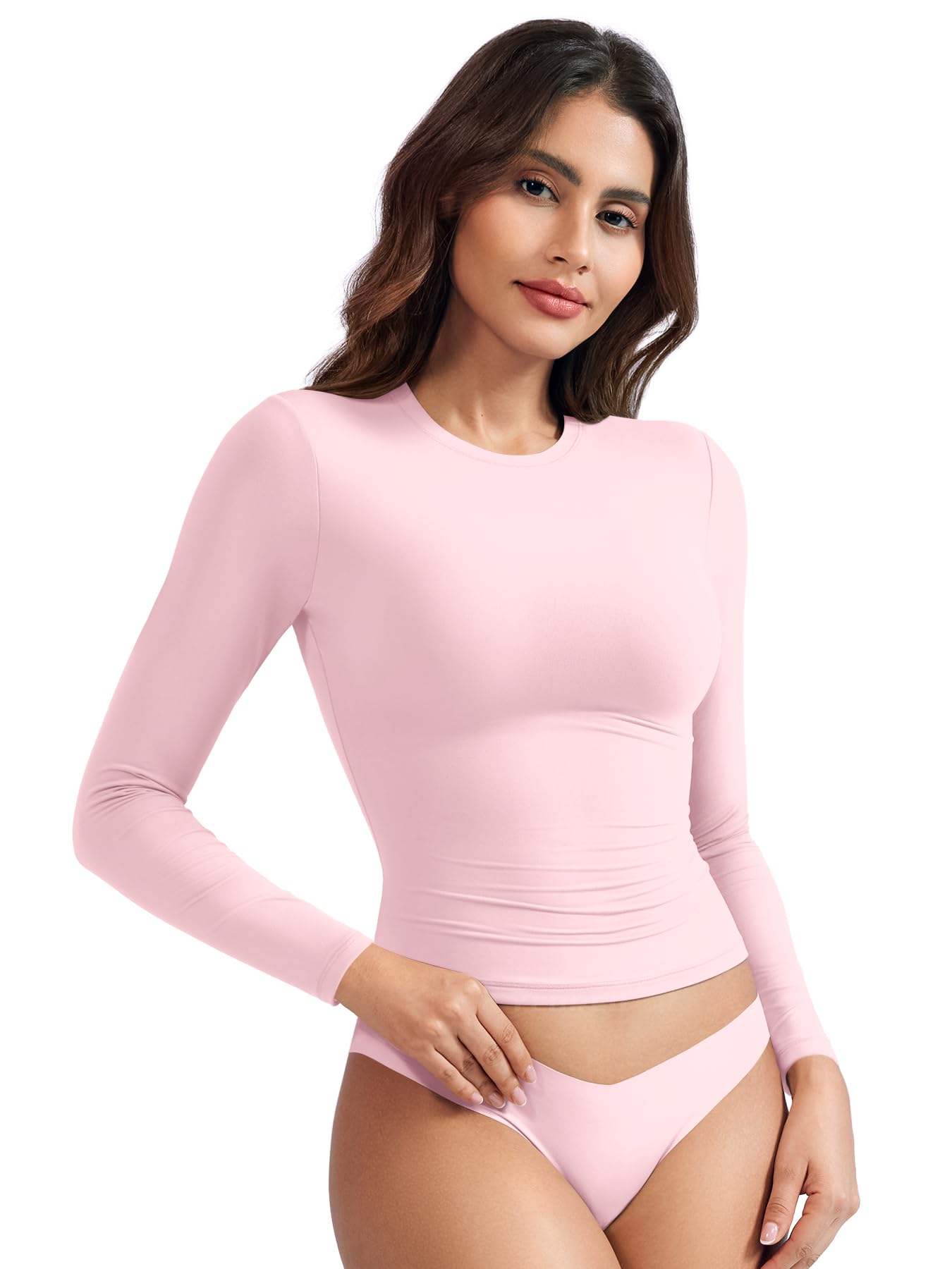 YEOREO Long Sleeve Shirts for Women y2k Tops Double Lined Basic Tee Crew Neck Going Out Sweeney Workout Undershirt Sakura Pink M