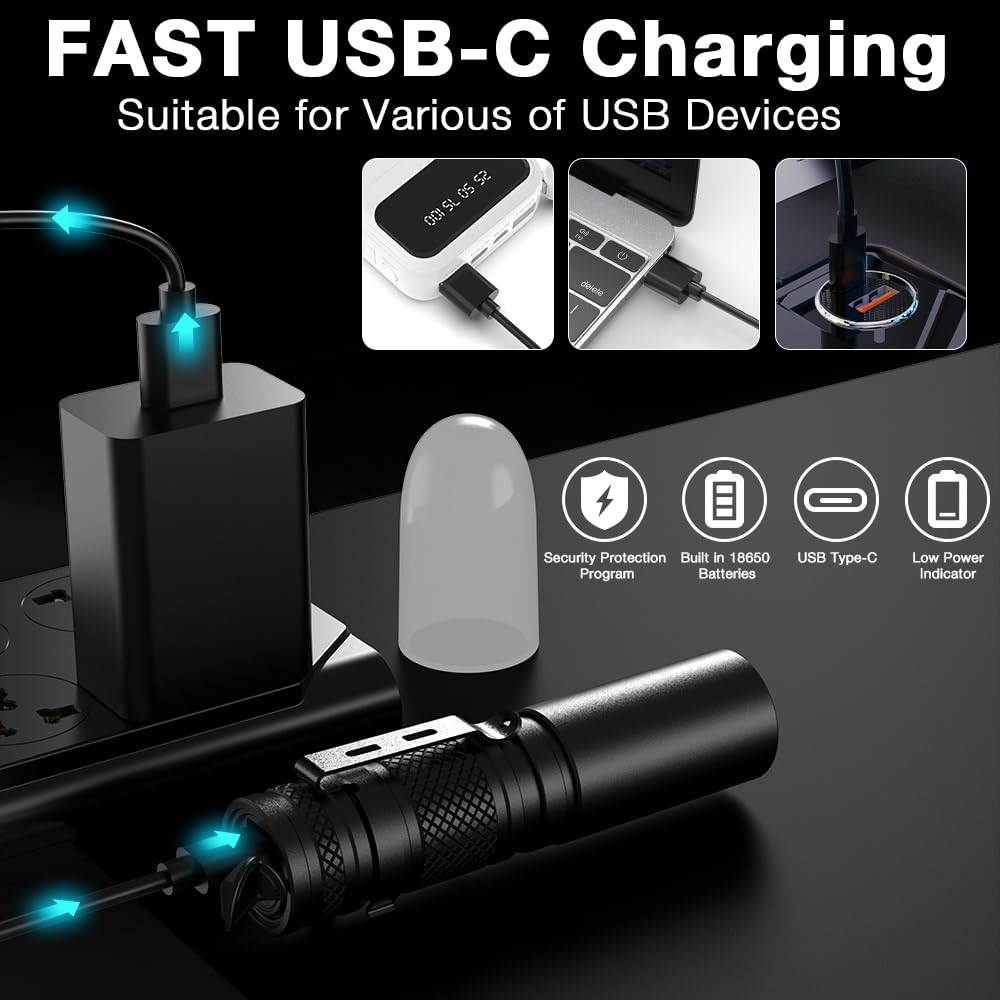 AUCLAYTEC 500 Lumens Tactical Flashlight, 6 Modes Pocket Flashlight Rechargeable High Bright Beam Small Handheld Flash Light Emergency Flashlights with Lampshade for Camping, Hiking, Walking (2 Pack)