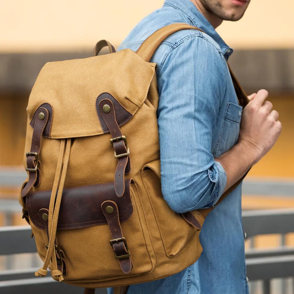 Beeaoo Canvas Backpack Mens Casual Daypack Vintage Travel Rucksack with Leather Trim
